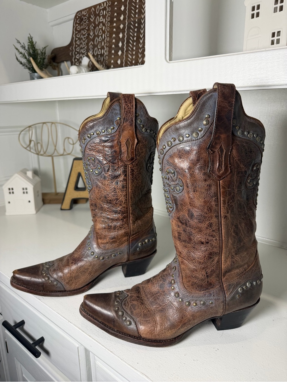 Corral Womens 9.5M Studded Fleur de Lis Brown Leather Cowboy Boots Western